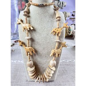 Handcrafted Wooden Giraffe Bead Necklace - Neutral Beige
